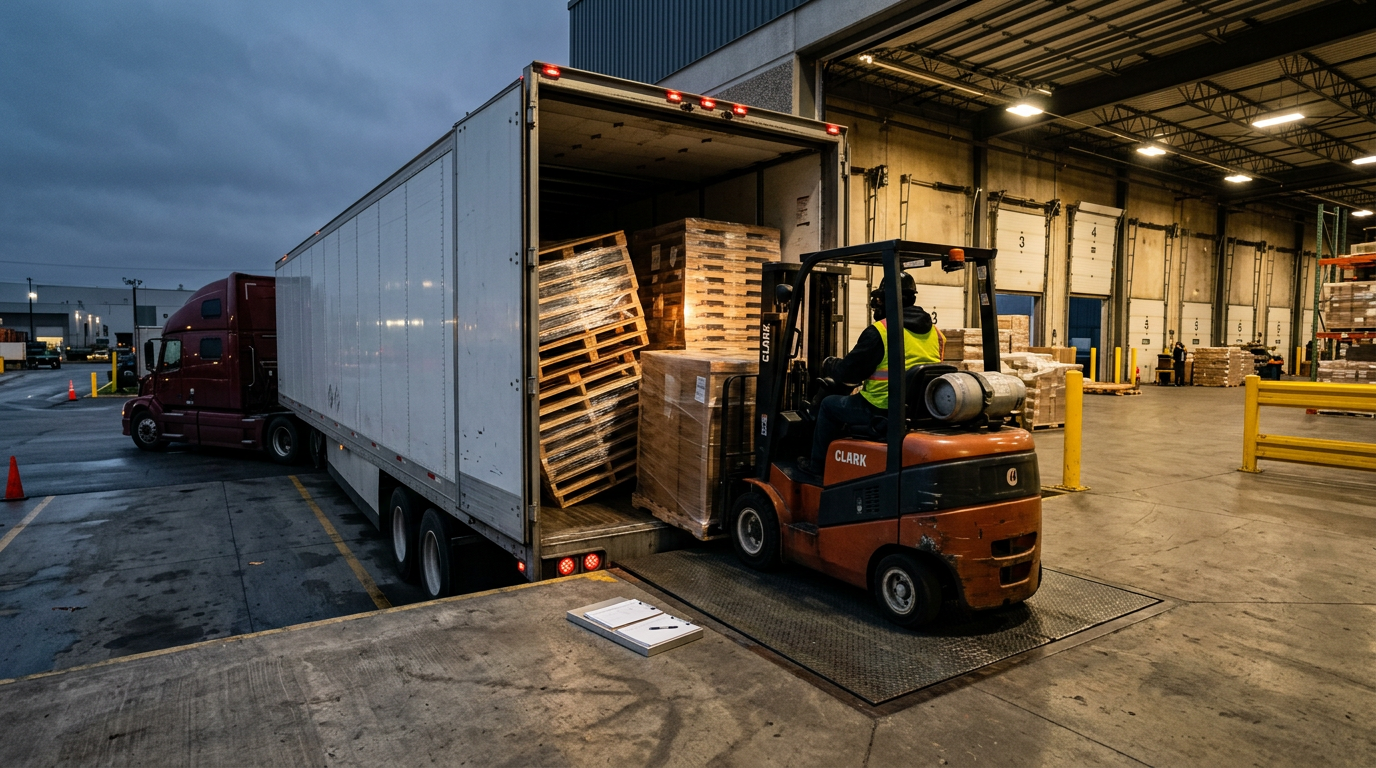Tractor-trailer backed to a loading dock while a forklift unloads pallets that were refused at delivery