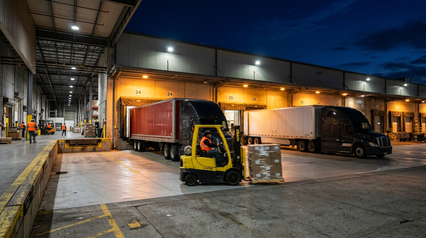 Two semi-trailers at a lit Richmond cross dock at night while a forklift moves wrapped pallets between trucks
